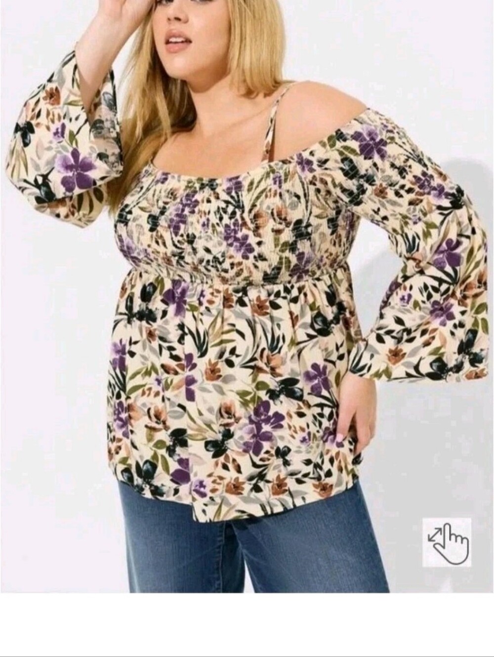 NEW Torrid Cream Floral Off-Shoulder Top with Purple and Peach Flowers